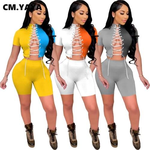 CM.YAYA Women Sets Patchwork Short Sleeve Stand Collar Criss-cross Bandage Crop Tops Sheath Elastic Shorts Two Piece Set Summer