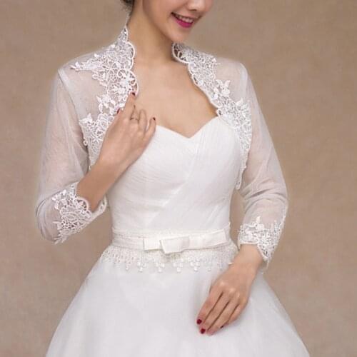 Women 3/4 Sleeves Wedding Jacket Cape Embroidery Floral Lace Trim Patchwork Wrap Shrug Bolero Evening Party Bridal Capelet
