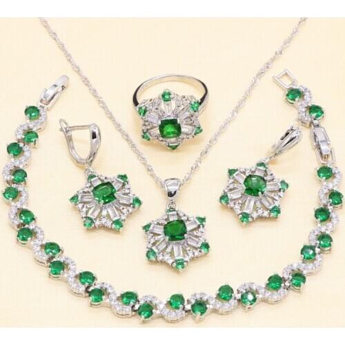 Green Imitated Emeral Crystal White Zirconia Silver Bridal Jewelry Sets For Women Necklace Pendant Earrings Rings Bracelets