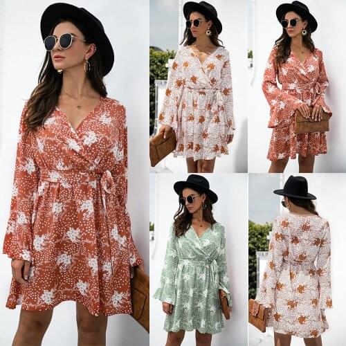 Woman Autumn Print A-Line Dresses Robe Femme Bandage V-Neck Long Sleeve Mini Dress For Womens Clothing 2021 Vestido De Mujer