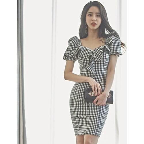 Korean Bodycorn Dress Women Plaid Print Ruffles Sexy Puff Sleeve Sheath Dress Warp Slash Neck Summer Party Dress Plus Size B141