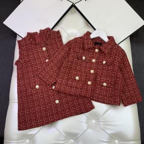 2021 winter new baby girl woolen two-piece dress samall girl red coat+vest two-piece dress set kids girls clothes suit