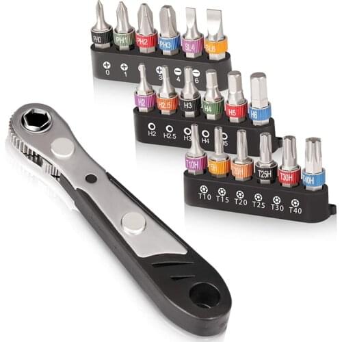 19pcs Hex Shank Micro Bit Ratchet Wrench Screwdriver Bits Set S2 Steel Ratchet Bit with Phillips Slotted Hexagon Torx Head