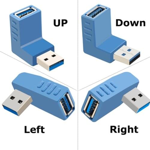 1PCS Usb 3.0 Connector Right + Left angle 90 degree Converter USB 3.0 Type A Male to Female Plug Adapter Converter Blue Color
