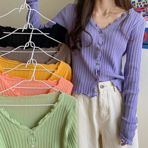 65% Dropshipping!!Womens Top Knit Sun Protection Cardigan V-neck Long Sleeve Slim Cropped Top
