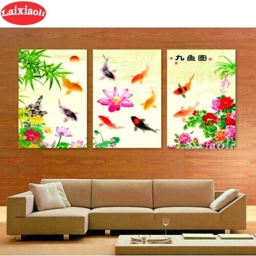 Diamond embroidery Nine fish illustration full square round drill diamond painting Peony koi 5d diamond mosaic home decoration