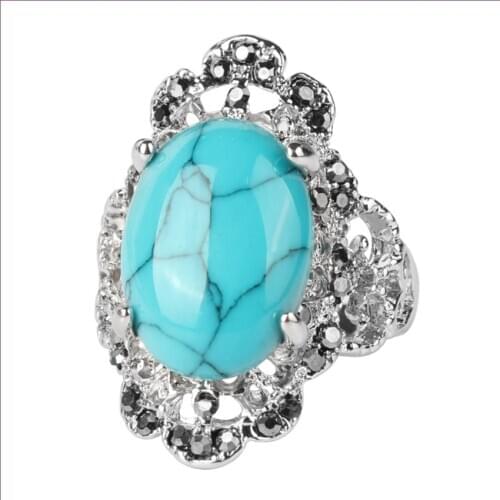 Antique Silver Plated Oval Shape Green Turquoises Stone Finger Ring with Crystal for Anniversary Gift Jewelry