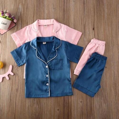 2PCS Set Baby Boys Girls Satin Silk Pajamas Set Summer Solid Casual Short Sleeve Shirt+Pants Toddler Home Sleepwear Nightgown