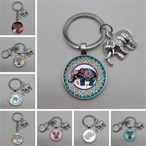 Hot sale round glass convex round elephant and flower pattern glass handmade keychain, car keychain, boutique accessories