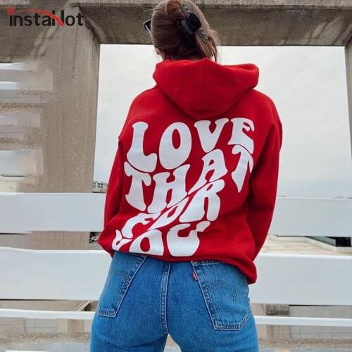InstaHot Women Letter Print Hooded Cotton Sweatshirts Long Sleeve Casual Streetwear Vintage Loose Oversize Basic Sweatshirt 2021