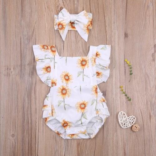 2Pcs Toddler Baby Girls Outfit Infant Summer Sunflower Print Fly Sleeve Ruffles Suspender Romper + Bow Headwear Children Clothes