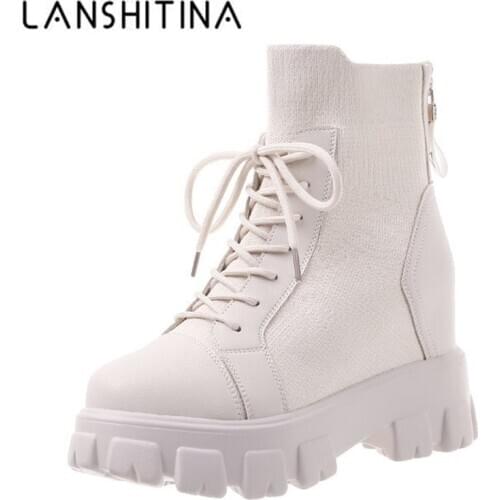 LANSHITINA Ankle Boots Women Shoes 2020 Autumn British Leather Thick With Short Boots Winter Motorcycle Gladiator shoes Female