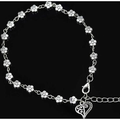 Cute Heart Flower Sandal Ankle Chain Silver Color For Women Jewelry Anklet Beach Foot Barefoot Bracelet