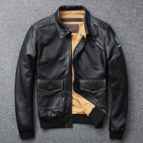 Mens Genuine First Layer Cowhide Short black Slim Leather Jacket G1 Flight Suit Cowhide Leather Jacket Coat Spring/Autumn XL
