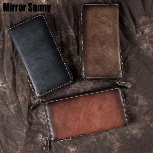 New Retro Mens Wallet Long Zipper Genuine Leather Handy Bag Multi-functional Top Layer Cowhide Young Man Wallet Cellphone Bags