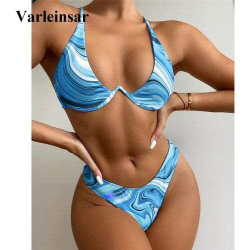 New Underwired V-Bar Printed Bikini Female Swimsuit Women Swimwear Two-pieces Bikini set High Cut Bather Bathing Suit Swim V3150