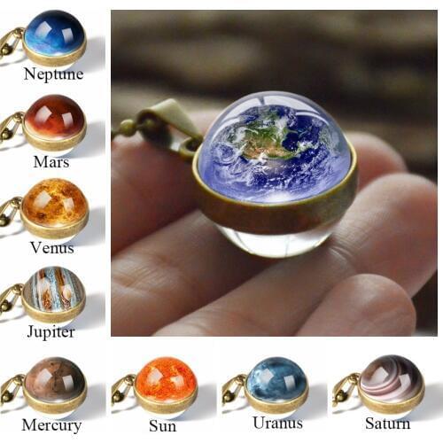 2019 New Personality Fashion Double Side Glass Ball Necklace Earth Planet Pattern Jewelry Galaxy Astronomy Pendant Necklace