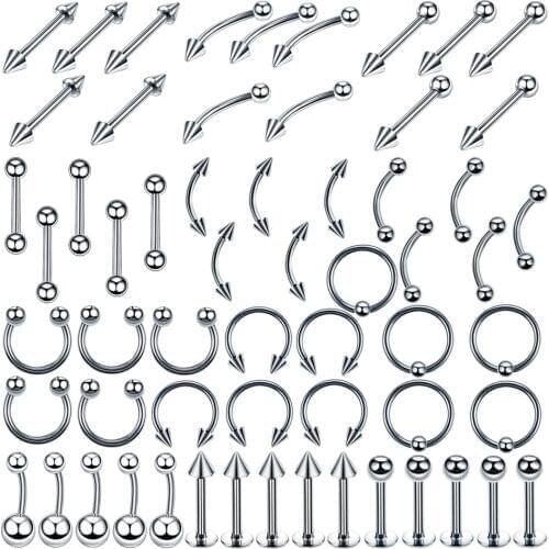 Imixlot 60pcs/lot Stainlee Steel Multi Function Mix Styles Body Piercing Tongue Eyebrow Belly Nose Ring Lip Piercing Jewelry