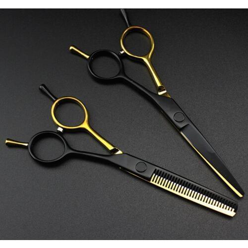 Professional Japan 440c 5.5 '' Gold&black hair cutting scissors haircut thinning barber haircutting shears Hairdresser scissors