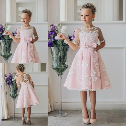 Pink Flower Girl Dresses Half Sleeve Lace Applique Satin Communion Party Prom Princess Pageant kids Knee Length Dresses
