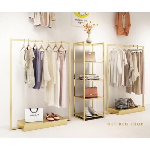 Light luxury clothing store display rack floor-to-floor gold womens wear display shelf decoration side hanging