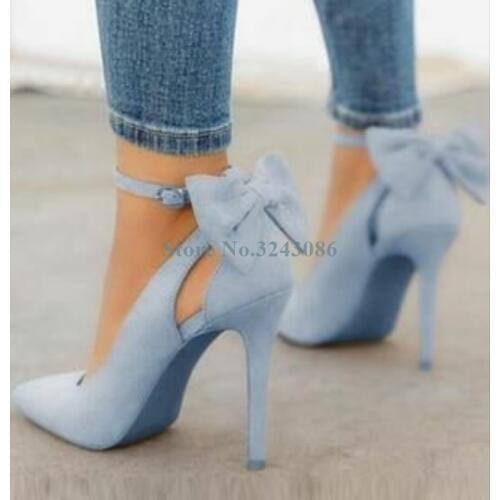 Sky Blue Suede Back Butterfly Knot Thin High Heel Pumps Buckle Strap Stiletto Heel Dress Shoes Sweet Summer Casual Ladies Shoes
