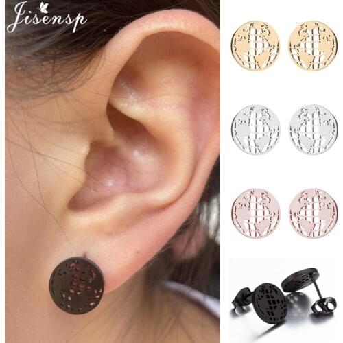 Punk Black World Map Earrings Stainless Steel Hollow out Round Stud Earring Women Snowflake Hedgehog Unicorn Earings Jewelry Gif