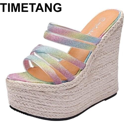 TIMETANGNew Women Pumps Sequin Design Extreme High Heels Casual Wedges Slippers Ladies Braided Hemp Rope Beach Sandals Platform