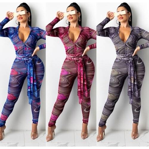 Sexy Sheer Mesh Print Rompers Womens Jumpsuit Zipper V Neck Long Sleeve Sashes Bandage Leggings See Through Jumpsuit Overalls