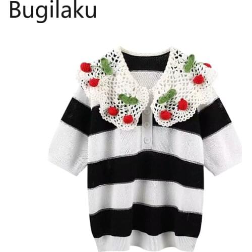Bugilaku Knitted Short Sleeve Pullover Cherry Decoration Contrast Color Striped Sweet Pull Femme Casual Kawaii Chic Ladies Tops