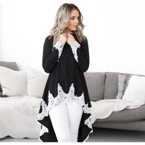 T Shirt Dress 2019 Spring Autumn WomenS Asymmetric Dresses Lace Hem Long Sleeve High Low Long Tail Shirts For Women DD1904
