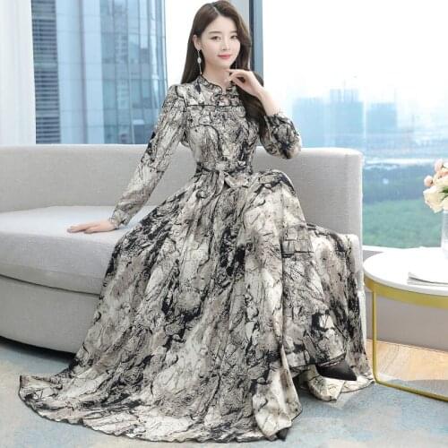 Retro Printed Dress 2021 Autumn New Fashion Temperament Slimming Mulberry Silk Long Dress Vintage Elegant Party Vestidos M333