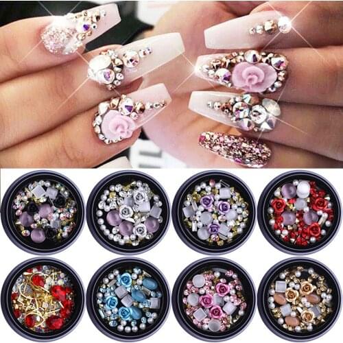 3D Nail Art Rhinestones Rose Round Opals Crystal Pearl Beads For Nails Metal Rivet Studs Mixed DIY Nail Art Decorations Tips