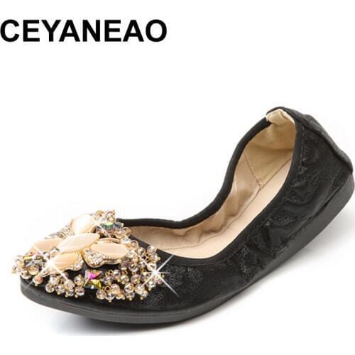 CEYANEAO 2019 flats on a flat sole with crystals; womens shoes with rhinestones; spring-fall season; shoes with a pointed toe