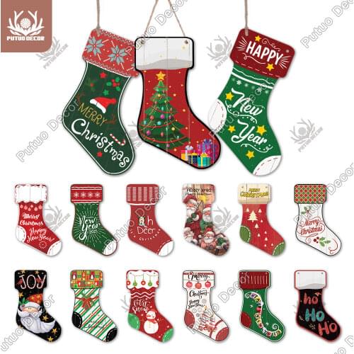 Putuo Decor Merry Christmas Wood Sign Stocking Wooden Sign Lovely Hanging Plaques 2022 Happy New Year Home Wall Decoration Gift