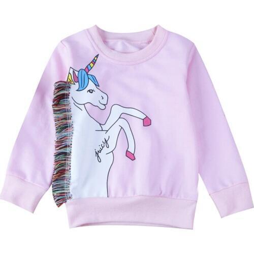 Dulce Amor Baby Girls Unicorn Hoodies Pullover Fall Fashion Kids Print Unicorn Sweatshirts Tops With Tassel Baby Girl Clothes