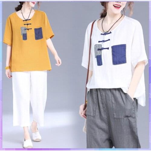 Fashion Women Elegant Print Tops And Tee Shirts Summer Ladies Office Cotton Linen T-Shirt Large Size Short-Sleeve O Neck Top