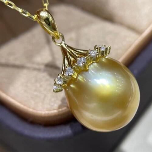 HENGSHENG Natural Ocean Golden Pearl 12-13mm Pendants Necklaces For Women 925 Sterling Silver Pendant Fine Jewelry Gift Box