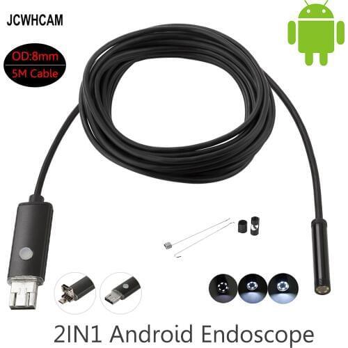 JCWHCAM USB Android Endoscope 8mm 5m Length Endoscope 2M HD Inspection Snake Camera Waterproof Snake Pipe Borescope Cam