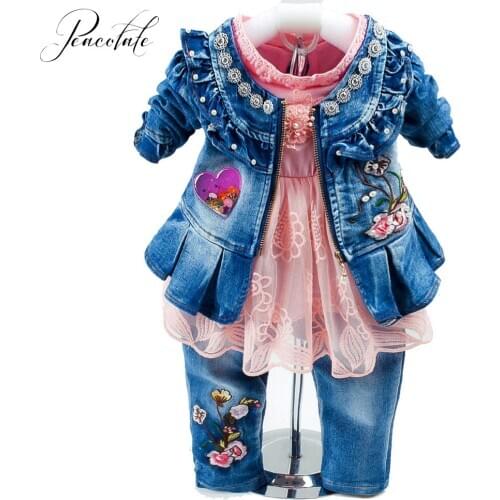 Spring Autumn Infant Baby Girl Denim Clothing Sets 3 pcs Long Sleeve T Shirt Dress Tops Denim Jacket and Jeans Trousers Pants