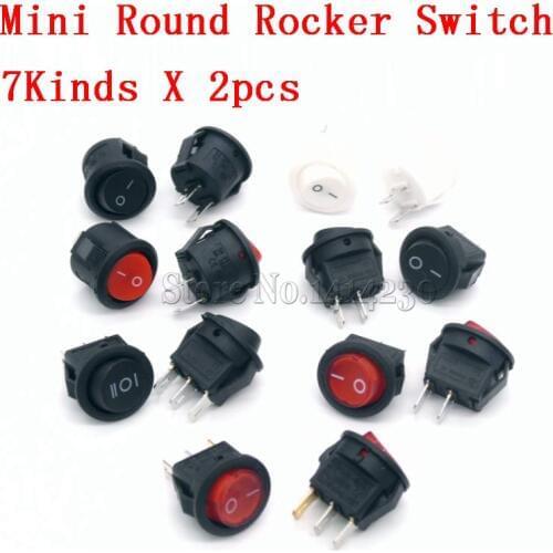 14Pcs Small Round Rocker Switch Kit Mini Round 2Pin 3Pin 3A 250V 6A 125VAC 2/3 Position ON-OFF ON-OFF-ON 7kinds X 2pcs