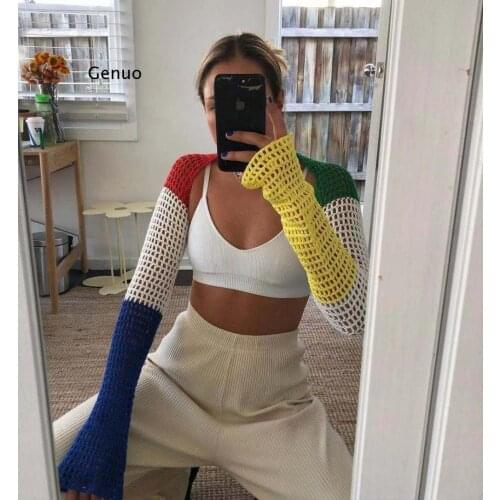Patchwork Y2K Sexy Crop Top Long Sleeve Backless Summer 2021 Vintage Beach Knitted T Shirt Casual Party Fashion