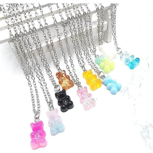 33 Color Handmade Cute Cartoon Bear Chain Necklace, Candy Color Pendant, for Ladies and Girls Daily Jewelry Party Gifts