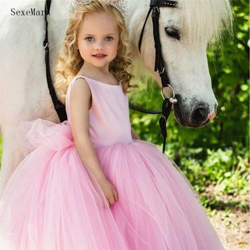 Puffy Girls Dresses Pink Tulle Satin O Neck Flower Girl Dress for Wedding Children Party Birthday Gowns for Girls 1-14Years