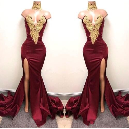 Saudi Arabia Evening Dress Long Mermaid Vestidos De Festa Real Photo Evening Gowns Sexy Slit Formal Dresses Applique Burgundy