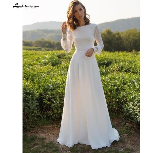 Düğün elbisesi Long Sleeve Chiffon Lace Beach Elegant Wedding Dresses O Neck Simple A Line robe de mariée bohème Lakshmigown