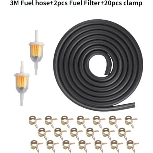 Universal Motorcycle Fuel Hose Oil Gas Line 10 Feet 1/4" 6mm +2Pcs Fuel Filter+20Pcs Clamp Ring Oil Filters