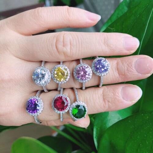 Womens Classic Luxury Wedding Rings Dazzling Crystal Paved Round AAA Zirconia Violet Colorful Engagement Ring Jewelry Gifts
