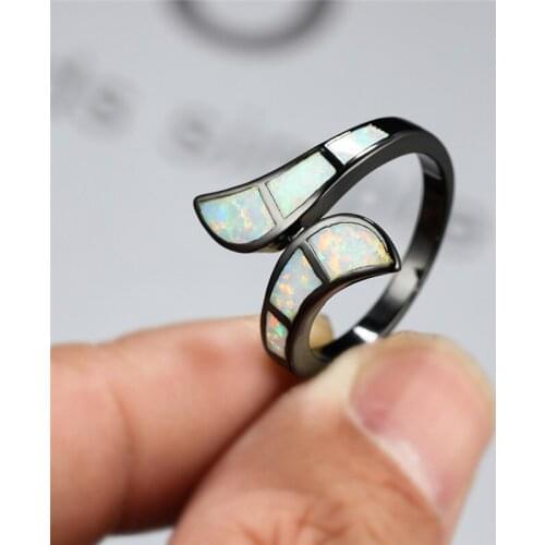 Female Luxury White Fire Opal Ring Fashion 14KT Black Gold Wedding Rings For Women Geometric Stone Promise Love Engagement Ring