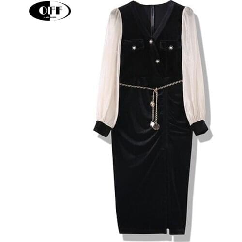 Autumn French Midi Long Dresses Womens Clothes V-neck Long Sleeve Velvet Elegant Split Black Sexy Ladies Party Dress Vestidos